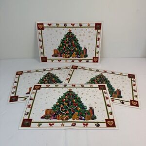 4 Vintage Vinyl Christmas Tree Placemats Presents Bear Town & Country Grannycore